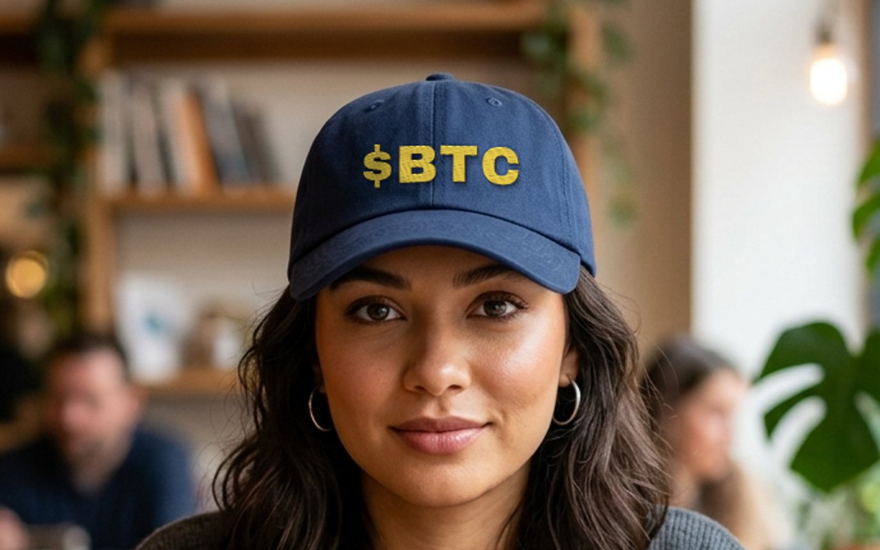 Person in low light wearing the black $BTC cap, orange embroidery catching the light