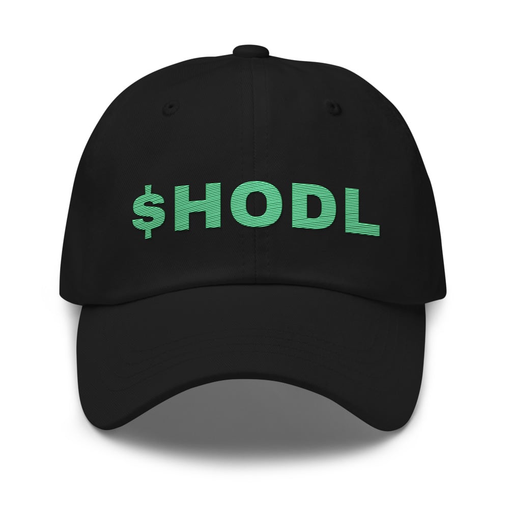 Custom embroidered hat reading $HODL in gold thread